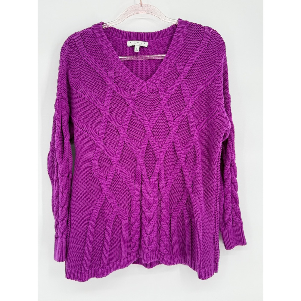 Chaus New York Womens Pink Purple Cable Knit V-Neck Sweater Sz L‎ VTG